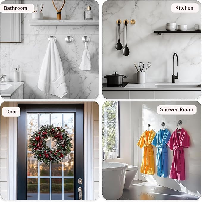 Suction Cup Hooks, Shower Hooks for Inside Shower, No-Drill Towel Hook Stainless Steel Waterproof Suction Hook for Wreaths, Loofah, Towel, Coat, Bath Robe (6, Black)