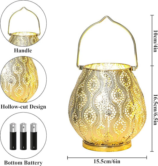 TRIROCKS Set of 2 Moroccan Decorative Lamps 8'' High Cordless Lamp Metal Table Lamps with Fairy Lights Bulb for Home Living Room Garden Yard Party Events Tabletop Indoor Outdoor(Gold)