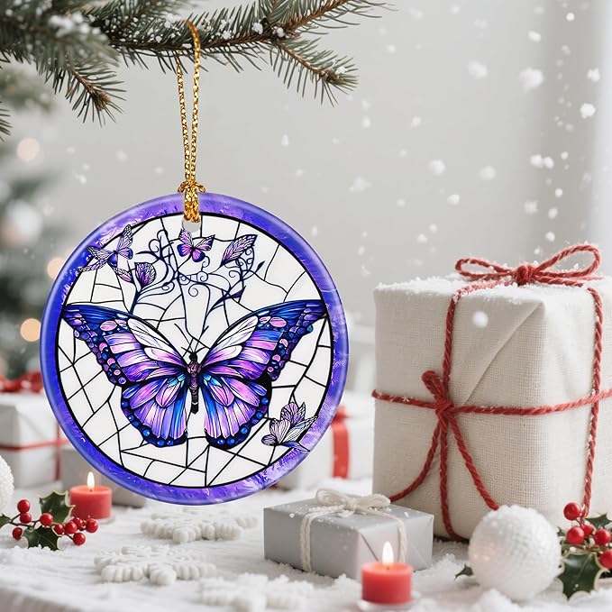 Ceramic-Style Christmas Tree Decorations, Christmas Ornaments, Double-Sided Printed Ornament Keepsakes, Holiday Decor. Xmas Gifts, Gifts for Butterfly Lovers - Butterfly-Themed