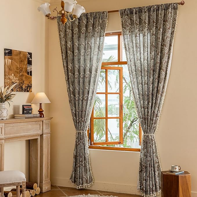 OYX Floral Curtains 63 Inch Length 2Panels for Living Room, Bedroom Light Filtering Drapes, Farmhouse Vintage Country French Tassels for Boho Pattern Rod Pocket Aesthetic Home Decor Window Treatments