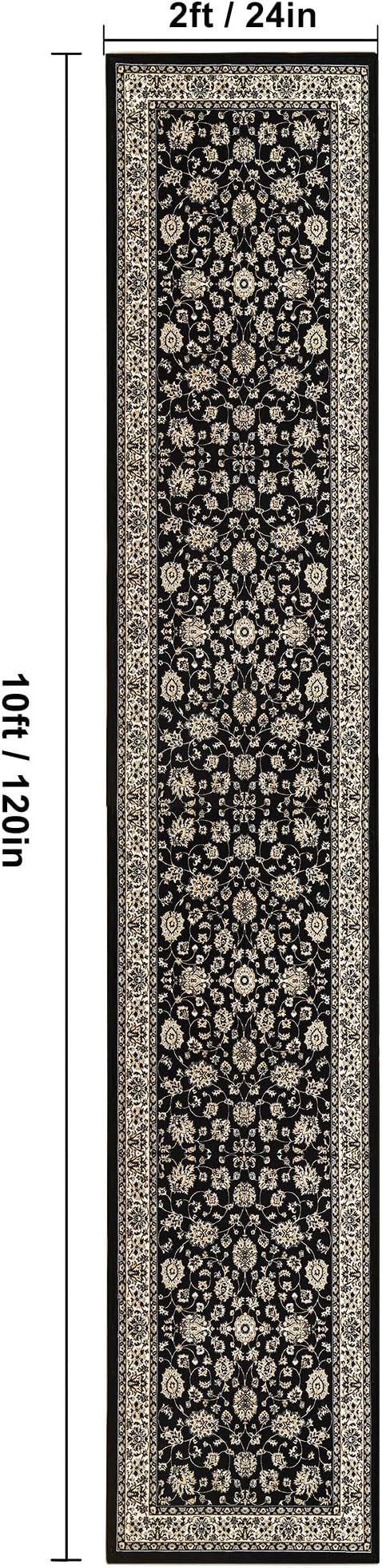 XWZO Runner Rug 2x10ft for Long Hallways, Washable Non-Slip Low Pile Area Rug with Rubber Backing, Spill Resistant Soft Vintage Floor Carpet for Kitchen Entryway Stair Landing Living Room, Black