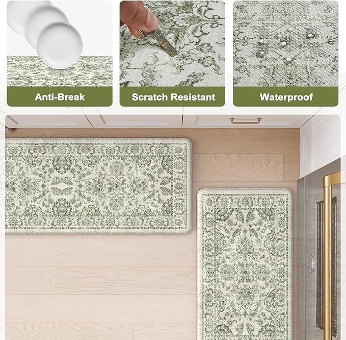 KIMODE Anti Fatigue Mats for Kitchen Floor Non Slip,Boho Vintage Floral Rugs Sets of 2,Cushioned Carpet Non Slip for Laundry,Wide Memory Foam Runner for Sink Office,Green 20"x47"+20"x32"