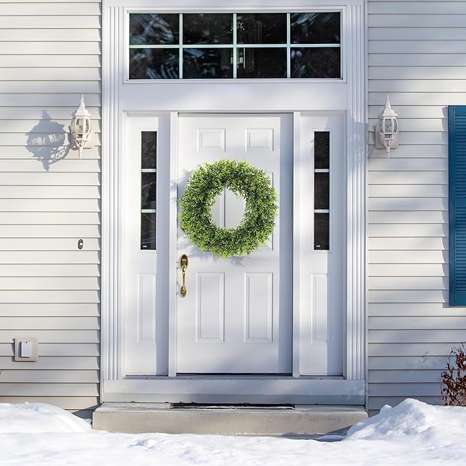 22inch Artificial Boxwood Wreath, 22" Spring Summer Wreath Faux Greenery Leaves Wreath for Front Door Wall Window Porch Farmhouse Patio Garden Indoor Outdoor Decor Wedding Party Decoration