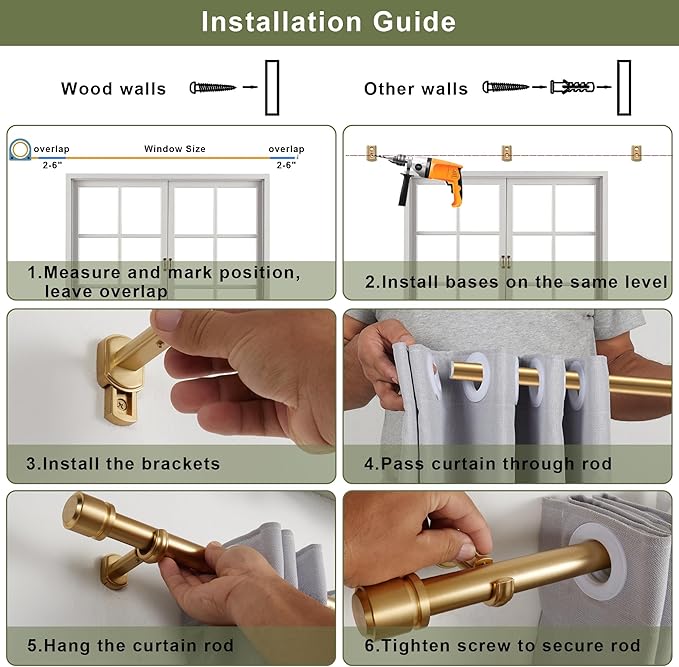 1 1/8 Inch Diameter Curtain Rods 36 to 72 Inches(3-6ft), Telescoping Heavy Duty Large Drapery Rod with Adjustable Aluminum Alloy Bracket, Solid End Caps for Windows Patio Decoration, Brushed Gold