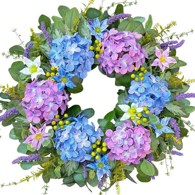 24 Inch Spring Wreath for Front Door - Blue & Purple Hydrangea Spring Door Wreath, Monet-Inspired Floral Decor with Hydrangea and Clematis for French Country, Spring and Summer, Indoor Outdoor
