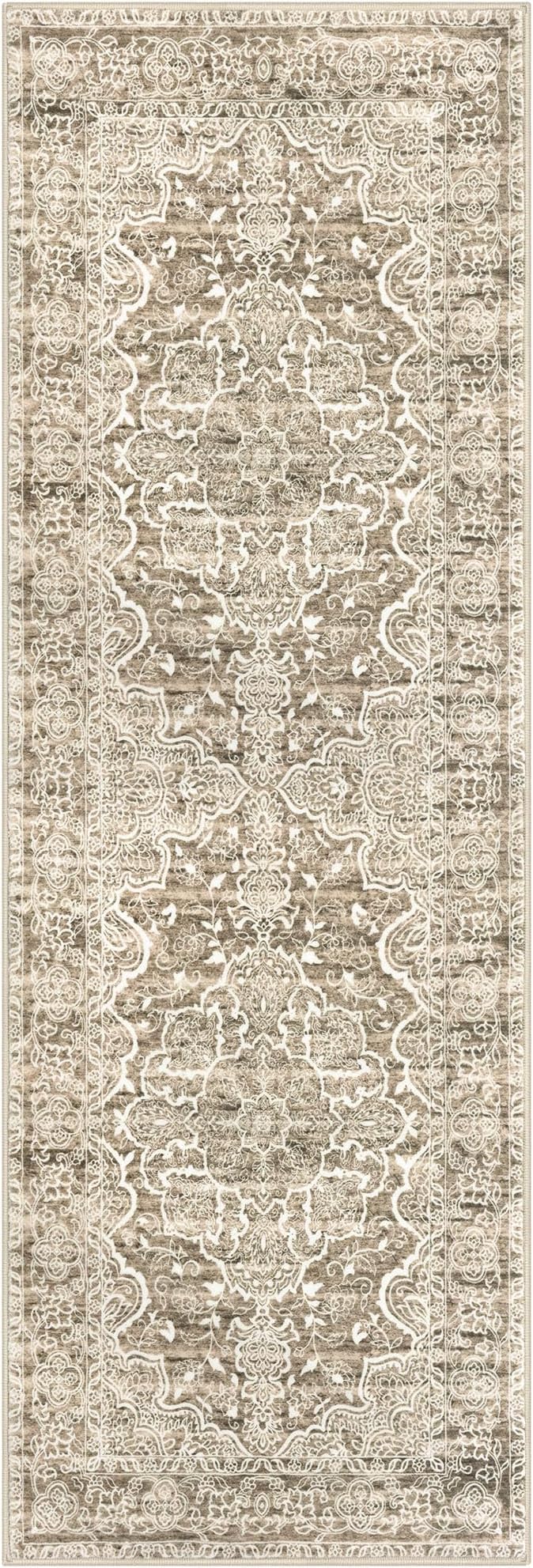 KUTA Runners for Hallways 2x6 Beige Brown, Vintage Floral Kitchen Rugs Non-Slip Washable Runner Ultra Soft Printed Retro Distressed Entryway Carpet for Bedroom Laundry Nursery