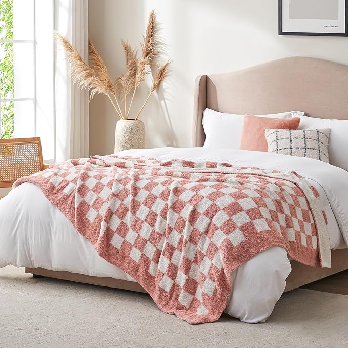 Snuggle Sac Checkered Throw Blanket for Couch, Super Soft, Cozy Warm Knit Blankets, Reversible Plaid Fluffy Throws for Sofa Bed Checkered Pink, 50x60 Inches