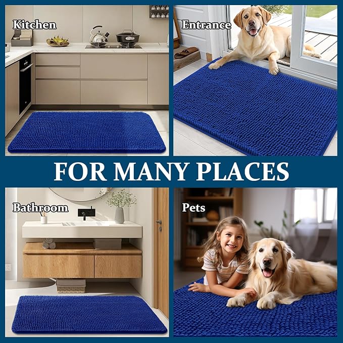 OLANLY Dog Door Mat for Muddy Paws 47x24, Absorbs Moisture and Dirt, Absorbent Non-Slip Washable Doormat, Quick Dry Chenille Mud Mat for Dogs, Entry Indoor Entryway Carpet for Inside Floor, Royal Blue