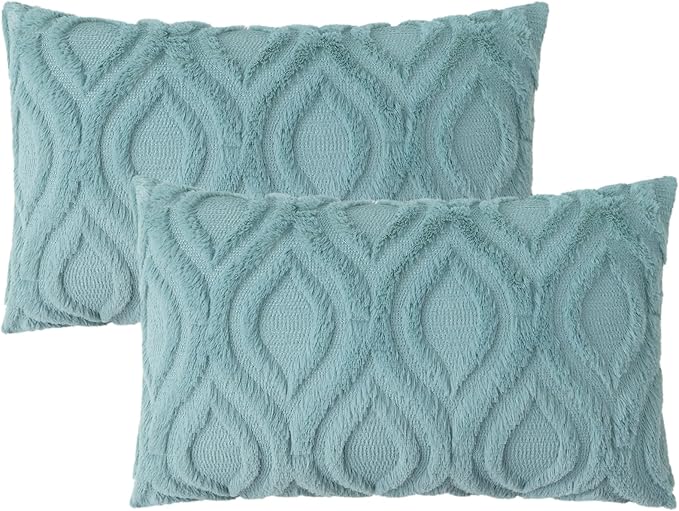 decorUhome Throw Pillow Covers 12x20 Inch Set of 2, Soft Plush Faux Wool Aqua Solid Couch Pillow Covers, Accent Farmhouse Neutral Lumbar Pillow Cases for Sofa Bed Living Room
