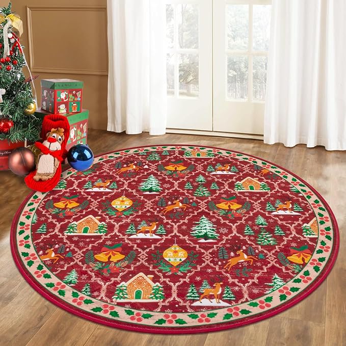 HEBE 4Ft Round Christmas Area Rug, Non Slip Farmhouse Round Rug for Living Room, Washable Soft Circle Rugs for Bedroom Christmas Round Floor Carpet for Dining Room Xmas Holiday Decor