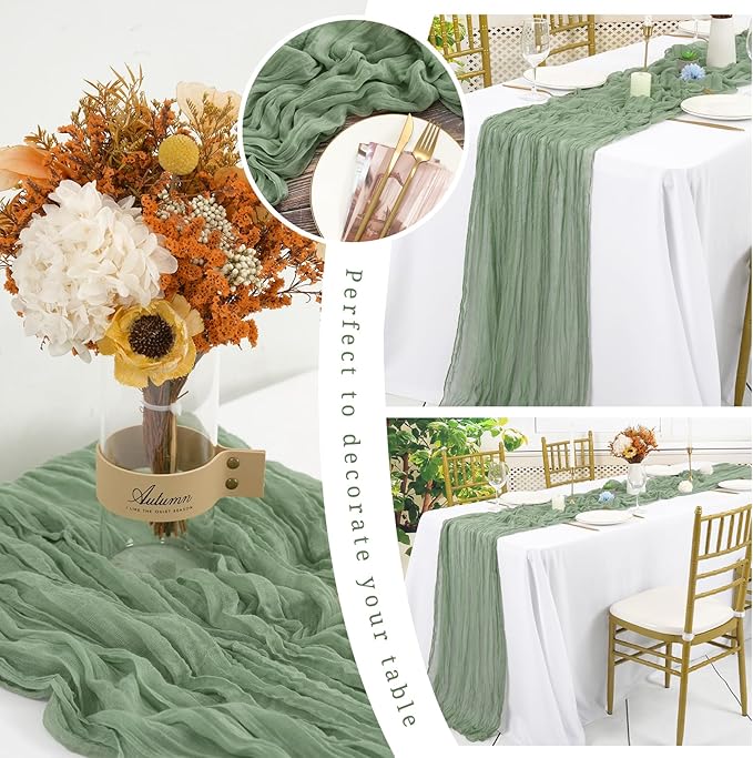 12 Pack Sage Green Cheesecloth Table Runner,10FT Gauze Boho Long Cheesecloth Table Runners 20x120inch Rustic Cheese Cloth Table Runner for Wedding Party Bridal Shower,Christmas Decorations