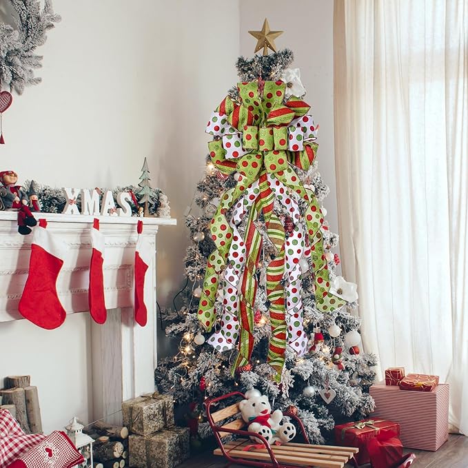 Christmas Tree Topper Wreath Bow Large Green Christmas Bow Tree Topper, Red Green Dot Polyester Gift Bows for Xmas Ornament Holiday Home Thanksgiving Indoor/Outdoor Decoration 45"x13"
