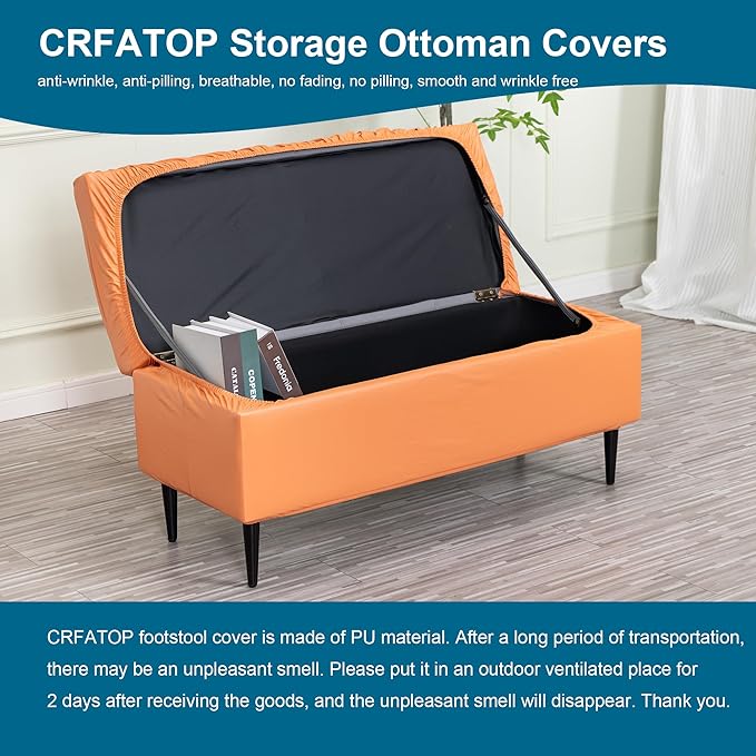 CRFATOP Waterproof PU Ottoman Stool Cover Stretch Folding Storage Footstool Bench Slipcovers Upholstered Foot Chest Chair Covers Washable Entryway Furniture Protector with Elastic Bands,L,Orange