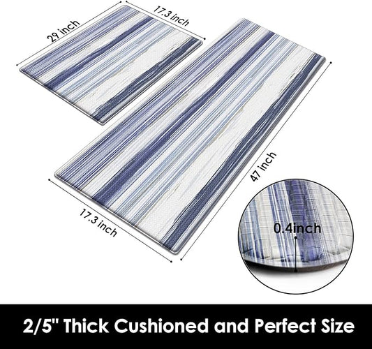 Arttown Blue Anti-Fatigue Kitchen Rug Set of 2 Stripe Cushioned Floor Standing Mat Waterproof Non-Slip Mat and PVC Ergonomic Comfort Foam Rug