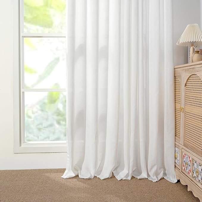YoungsTex Linen Semi Sheer Curtains 63 Inches Length for Living Room - White Light Filtering Drapes with Grommet Textured Lightweight Window Treatments for Bedroom, 2 Panels, 52 X 63 Inch