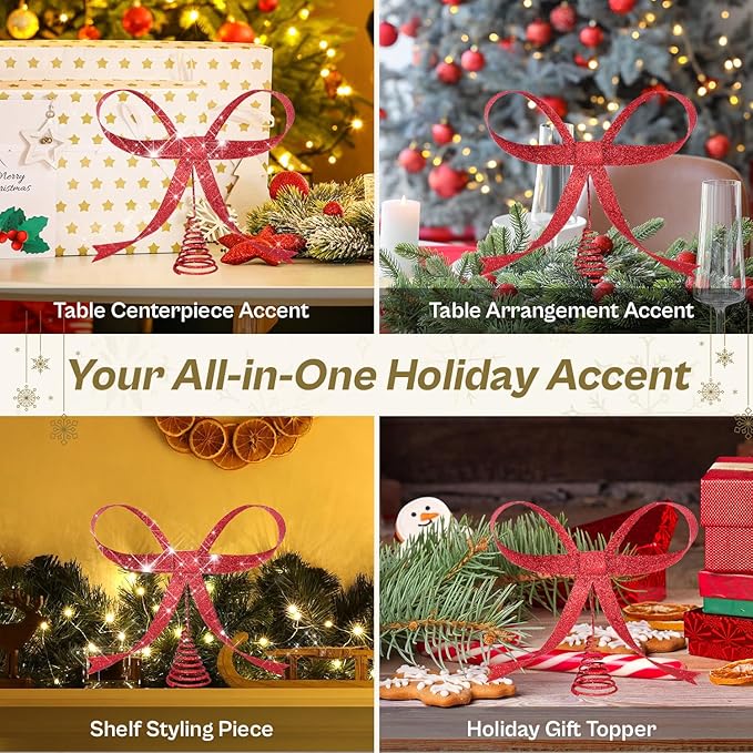 Large Metal Bow Christmas Tree Topper,9.4 Inch Glitter Red Tree Topper,Red Bow Christmas Tree Decorations for Xmas Home Decor Holiday Party Indoor Outdoor Shop Office