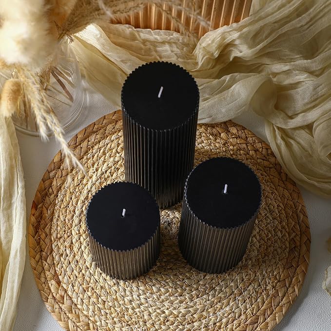 Ribbed Pillar Candles Set of 3, Width 3" High 4" 6" 8" Large Soy Wax Orchids Scented Pillar Candles Aesthetic Ribbed Modern Home Decor for Bathroom Living Room(Black)