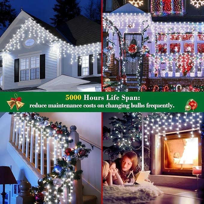 XURISEN 66ft Christmas Lights Decorations Outdoor, 640 LED 8 Modes Curtain Fairy Lights with 120 Drops,Plug in Waterproof Timer Memory Function for Christmas Holiday Wedding Party Decor(Cool White)