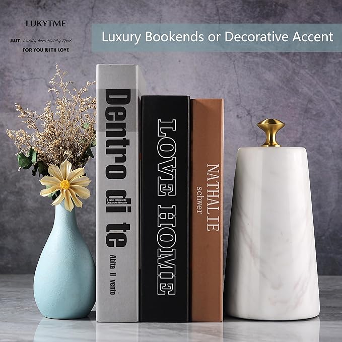 Decorative Door Stoppers, Solid Marble Heavy Duty Door Stops Indoor or Outdoor, Natural Stone Modern Door Stop with Brass Handle, Decor Doorstop Wedge Holder, Weighted Bookends.