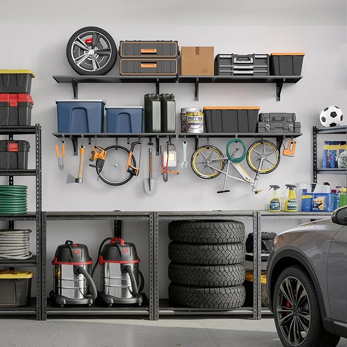 2-Pack 1.5x4ft Garage Shelving Wall Mounted, 1.5' x 4' Heavy Duty Garage Storage Shelves with Hooks, 500LB Capacity