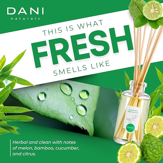 DANI Naturals Reed Diffuser Set -Bamboo Bergamot Scent - Aromatherapy Essential Oils, Alcohol-Free - 10 Sticks, 3.5 oz