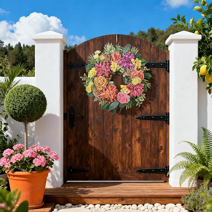 24 Inch Spring Wreath for Front Door with Roses Dahlias Silk Flowers with Berry Greenery for All Seasons Indoor Outdoor Porch Wedding Wall Farmhouse Porch Wall Living Room Home Widding Decor