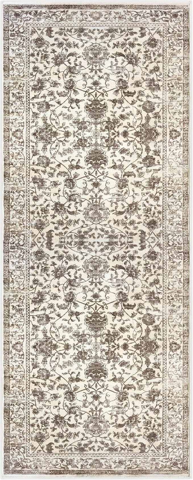 KILOCOCO Hallway Runner 2x5 Kitchen Runner Rug Printed Vintage Floral Washable Non-Slip Rubber Backed Runners for Hallways Laundry Room Distressed Boho Rugs for Entryway Bedroom, Beige/Brown