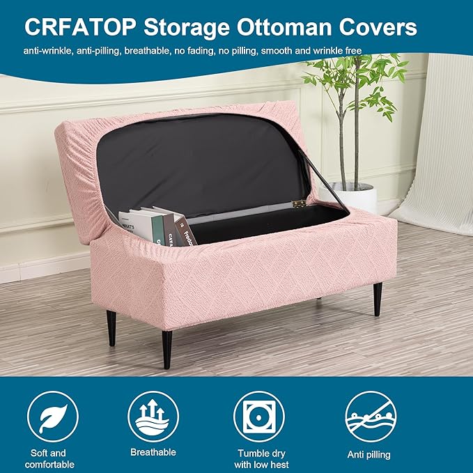 CRFATOP Jacquard Rectangle Ottoman Stool Cover Stretch Folding Storage Footstool Bench Slipcovers Upholstered Foot Chest Chair Covers Washable Entryway Furniture Protector with Elastic Bands,M,Pink