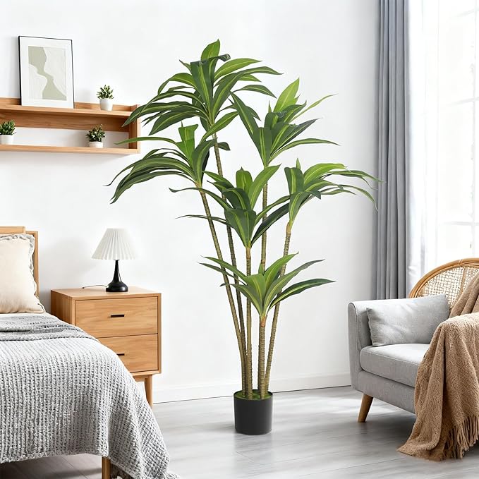 5FT Artificial Tree Dracaena Plant in Decorative Pot-Realistic Fake Plant for Indoor Outdoor Use,Home Office Living Room Decor,Real Touch Leaves,Housewarming Gift,Black Planter