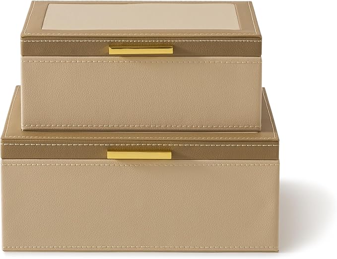 Soul & Lane Faux Leather Decorative Boxes with Lids and Gold Hardware for Home Decor, Set of 2 Stacking Hinged Boxes for Coffee Table and Living Room Shelves, Remote Control Holder, Two-tone Sand
