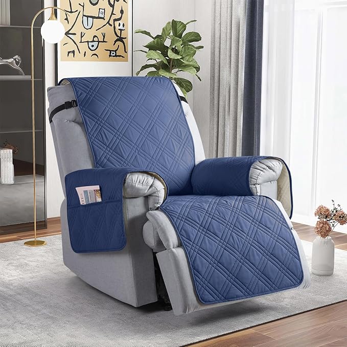 TAOCOCO Waterproof Recliner Chair Covers 30 Inch Wide, Oversized Recliner Covers for Recliner Chair with Pocket, Recliner Slipcovers with Straps Furniture Protector for Kids Pets (30'', Ocean Blue)