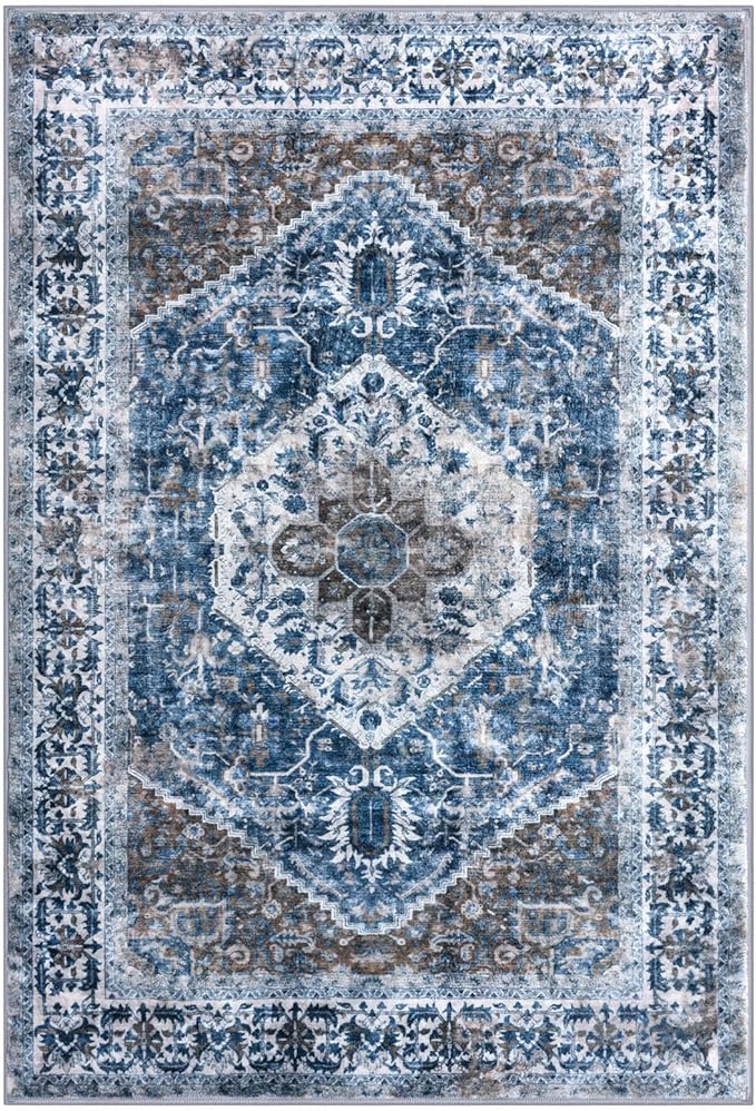 KOZYFLY Boho Area Rug 8x10 Ft Thin Rugs for Living Room Washable Bedroom Rug Non Slip Rugs for Living Room Blue Printed Faux Wool Vintage Bedroom Rug Floor Carpet for Dining Room