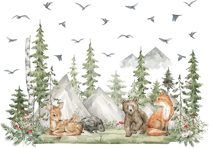 Amaonm 4 Sheet of 12x36 inch Giant Mountain Forest Tree Wall Decal Woodland Deer Bear Fox Birds Wall Stickers 3D DIY Peel and Stick Jungle Wild Animal Pine Wall Decor for Kids Boys Bedroom Playroom