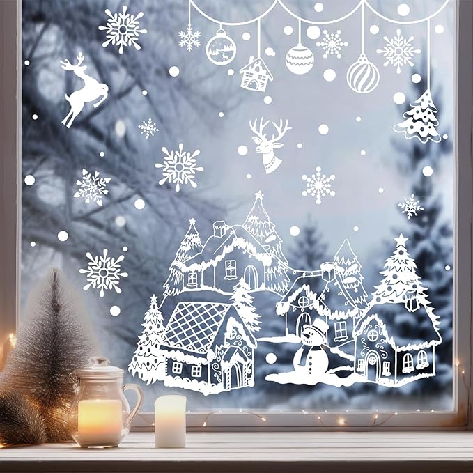 9 Sheet Christmas Snowflake Window Clings Winter Wonderland Decal Stickers Let it Snow Reindeer Snowman Window Seasons Decals for Elk Snowball Holiday Home Kitchen Living Room,9 Sheets (Winter2)