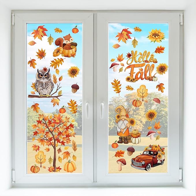 Cinrobiye 150 Pcs Fall Window Clings,Thanksgiving Window Stickers Pumpkin Maple Leaf Window Art Seasons Decals for Autumn School Home Office Accessories Toddler Party Supplies Gifts, 9 Sheets (Fall)