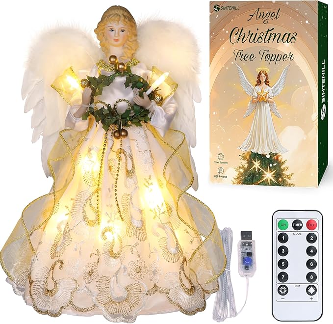 12.5" Angel Christmas Tree Topper with Lights, Lighted Angel Tree Topper with White Feather Wings and Garland, Remote Control, Timer & USB Powered for Indoor Holiday Decoration