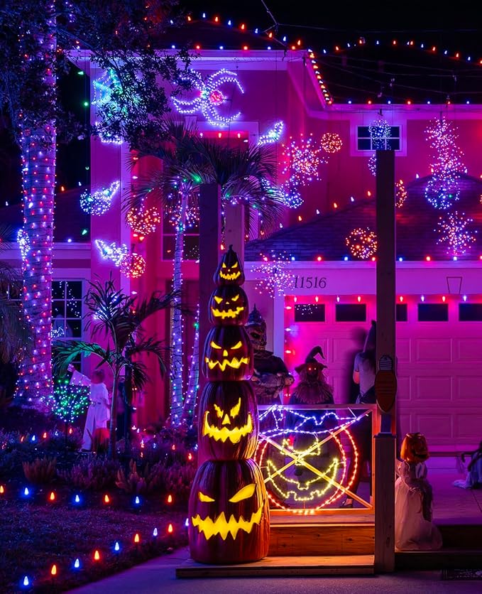 Purple Orange Christmas Lights Outdoor, 80FT 240 LED Christmas Tree Lights Waterproof Plug in, 8 Modes Connectable Christmas Decorations Green Wire for Indoor Home Garden Xmas Holiday