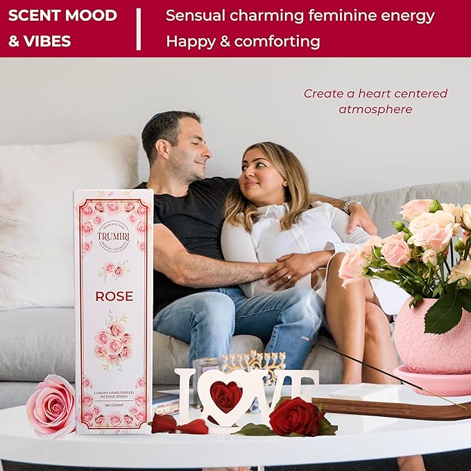 Rose Incense Sticks - Pack of 100 Insence-Sticks - Inciensos Aromaticos Made with Natural Rose Essential Oil - Scented Inscents Non Toxic Insense