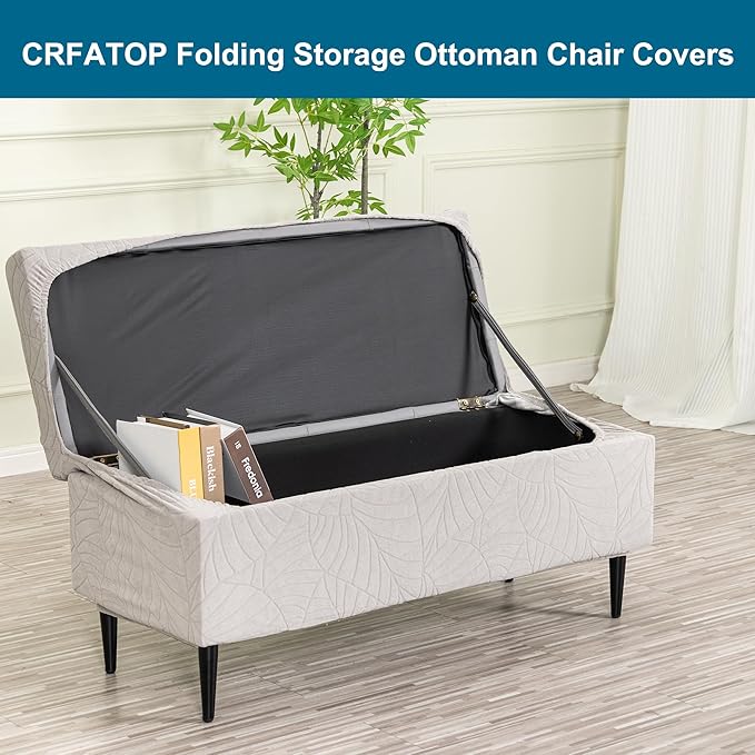 CRFATOP Waterproof Jacquard Ottoman Stool Cover Stretch Folding Storage Footstool Bench Slipcovers Upholstered Foot Chest Chair Covers Washable Entryway Furniture Protector,S,Light Grey