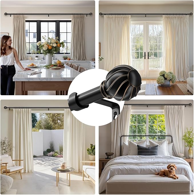 Oneach Black Curtain Rods for Windows 66 to 120 Inch, 7/8" Adjustable Heavy Duty Decorative Drapery Rods with Round Netted Texture Finials (Pack of 1, 36 to 120 Inch)
