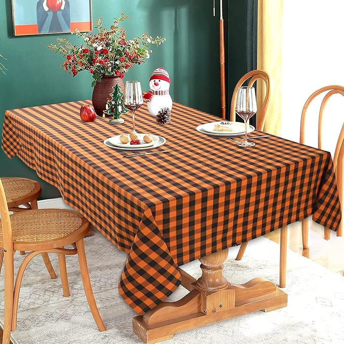 Urban Villa Halloween Tablecloth Buffalo Check Table Cloth Tabletop Cover Kitchen Dining Tablecloth Size- 60"X84"100% Cotton Ideal for Parties Wedding Holiday Dinner Orange/Black Rectangle 6-8 Seats