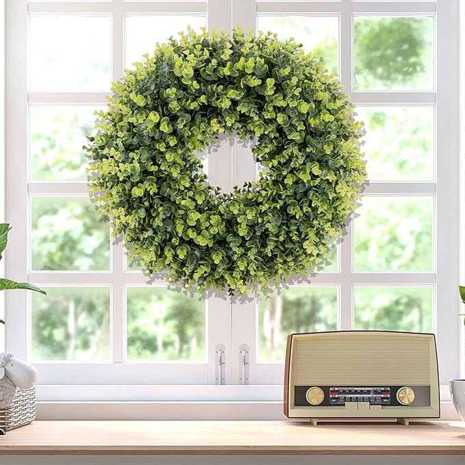 24In Large Boxwoods Door Wreaths for Front Door Spring Summer Outside All Season Green Year Round Artificial Greenery Wreath for Wall Window Rustic Farmhouse Home Outdoor Indoor Decorations