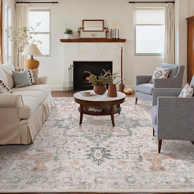 GENIMO 6x8 Area Rugs for Living Room, Non Slip Machine Washable Vintage Rugs, Low Pile Lightweight Chenille Print Large Rug for Bedroom, Dining Room, Home Office, Light Taupe Brown