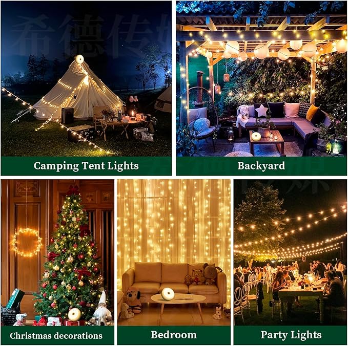 Solar Camping Lights 130LEDs,33 FT Fairy Lightswith 13 Lighting,Portable Waterproof 4 in1 Camping Lantern,Retractable Christmas Twinkle Lights Design & Hooks for Outdoor Garden Party Essentials