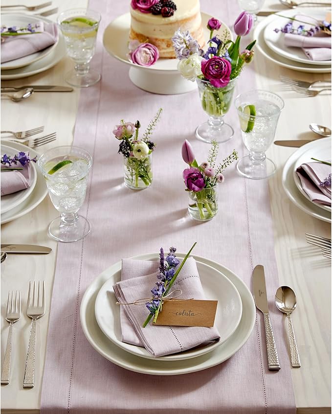 Solino Home Linen Lilac Table Runner 72 Inches Long - 100% Pure Linen Hemstitch Table Runner 14 x 72 Inch for Dresser, Dining, Valentines, Spring, Easter - Classic Hemstitch
