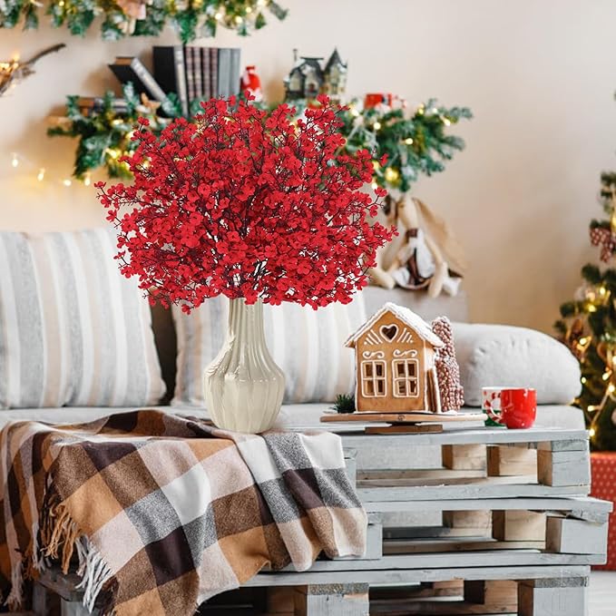 Yastouay Red Artificial Christmas Flowers, 10Pcs Real Touch Babys Breath Artificial Flowers Bulk, Fake Flowers for Vase Faux Flowers for Christmas Spring Decor Floral Arrangement