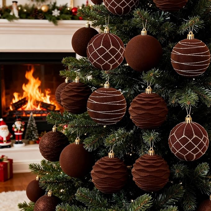 Artmag 12Pcs Velvet Christmas Ornaments Balls Sets for Christmas, Plastic Shatterproof Xmas Tree Flocked 3.15 inch Ornaments Balls for Winter Holiday Decor (Brown)