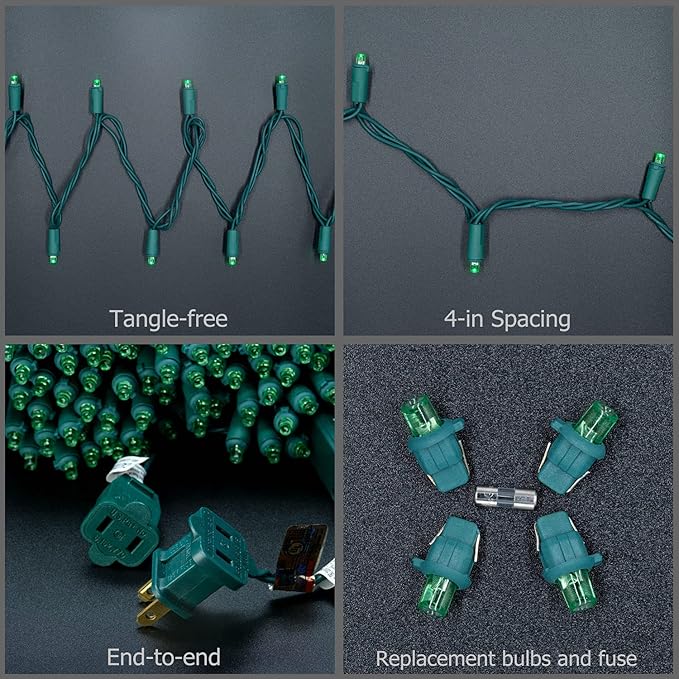 YULETIME 200 Green Wide Angle LED Christmas Lights, 66 Feet Green Wire UL Certified 5mm Holiday String Light Set (Green)