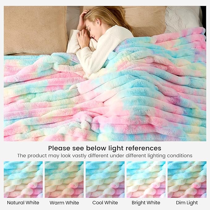 Cozy Bliss Faux Fur Throw Blanket for Couch, Cozy Warm Plush Striped Blanket for Sofa Bedroom Living Room, 60 * 80 Inches Tie-dye Rainbow