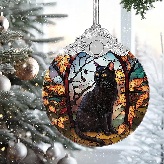 2025 Ornaments for Christmas Tree, Zmoicky Stained Glass Hanging Ornament, Christmas Ornaments Clearance, Gift Exchange Ornament, Bauble Present - Black Cat in The Night